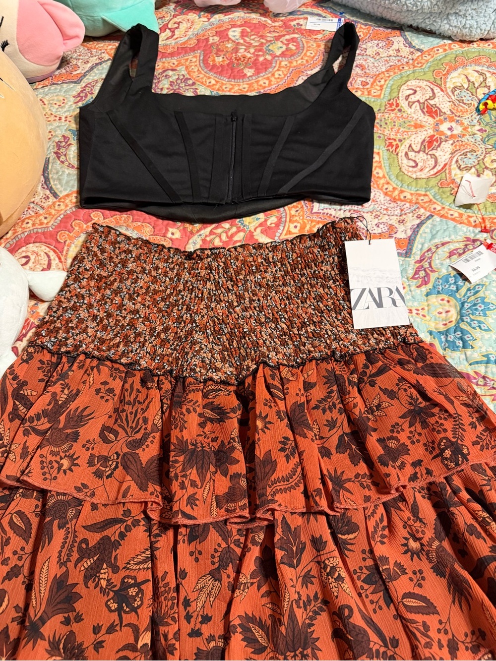 ZARA Rust Floral Smocked Tiered Skater Skirt with crop camisole top